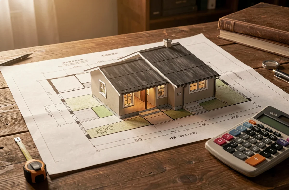 Plan de maison posé avec un mètre ruban et une calculatrice