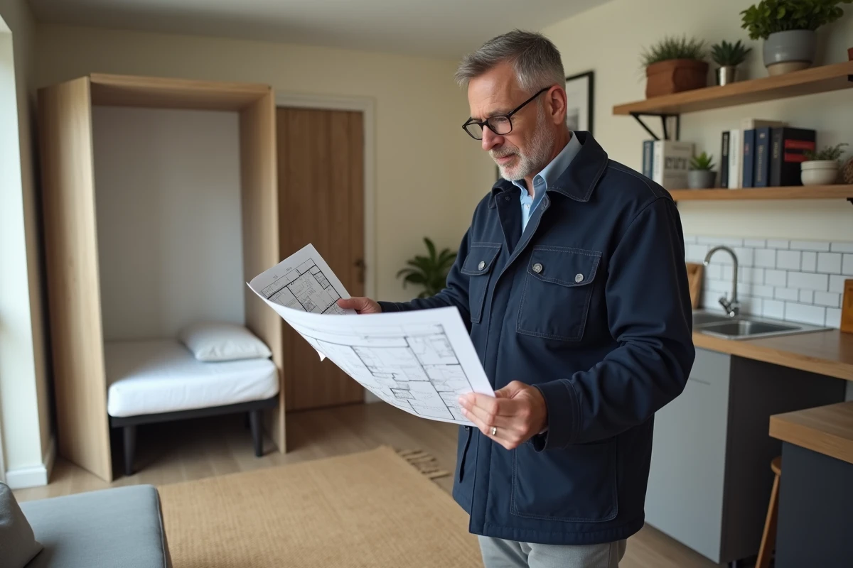 Homme consultant un plan d'architecte pour vérifier les mètres carrés d'un studio avant de signer