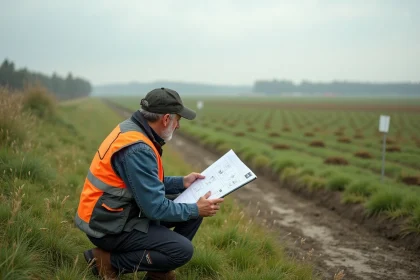Urbaniste paysage en pleine nature avec tablette et plan de terrain