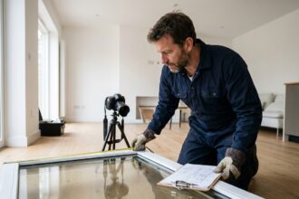 Artisan poseur de fenêtres prenant les mesures d'un encadrement avant installation dans un salon moderne