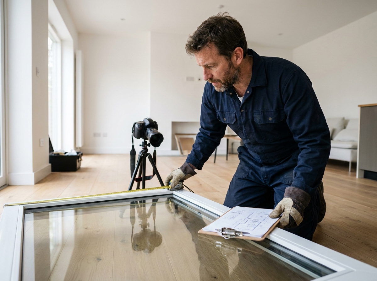 Artisan poseur de fenêtres prenant les mesures d'un encadrement avant installation dans un salon moderne