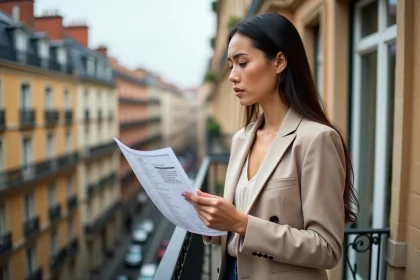 Jeune femme consultant une annonce de loyer sur un balcon hausmannien à Lyon en 2026