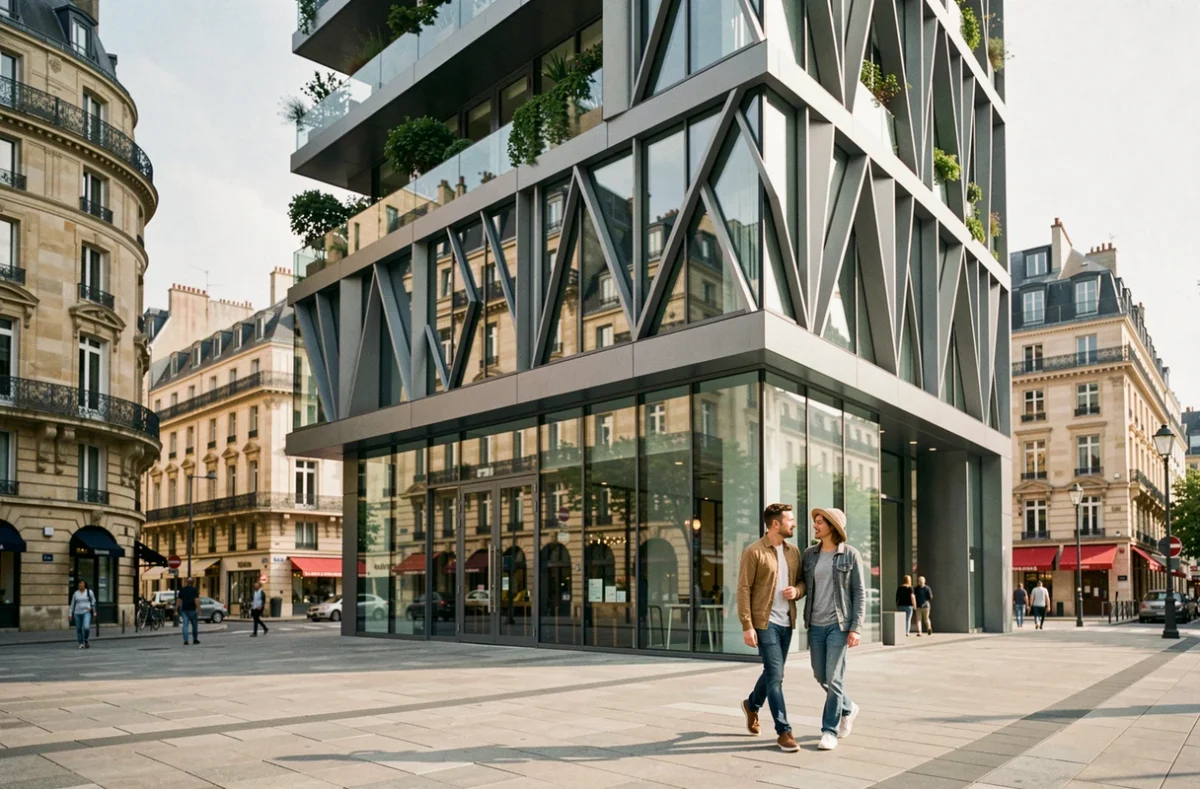 Immeuble résidentiel neuf à Lille avec façade vitrée et terrasses végétalisées dans un quartier urbain mixte