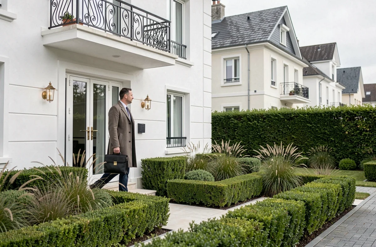Résidence de standing neuve à Marcq-en-Barœul avec façade blanche, jardin privatif soigné et entrée sécurisée