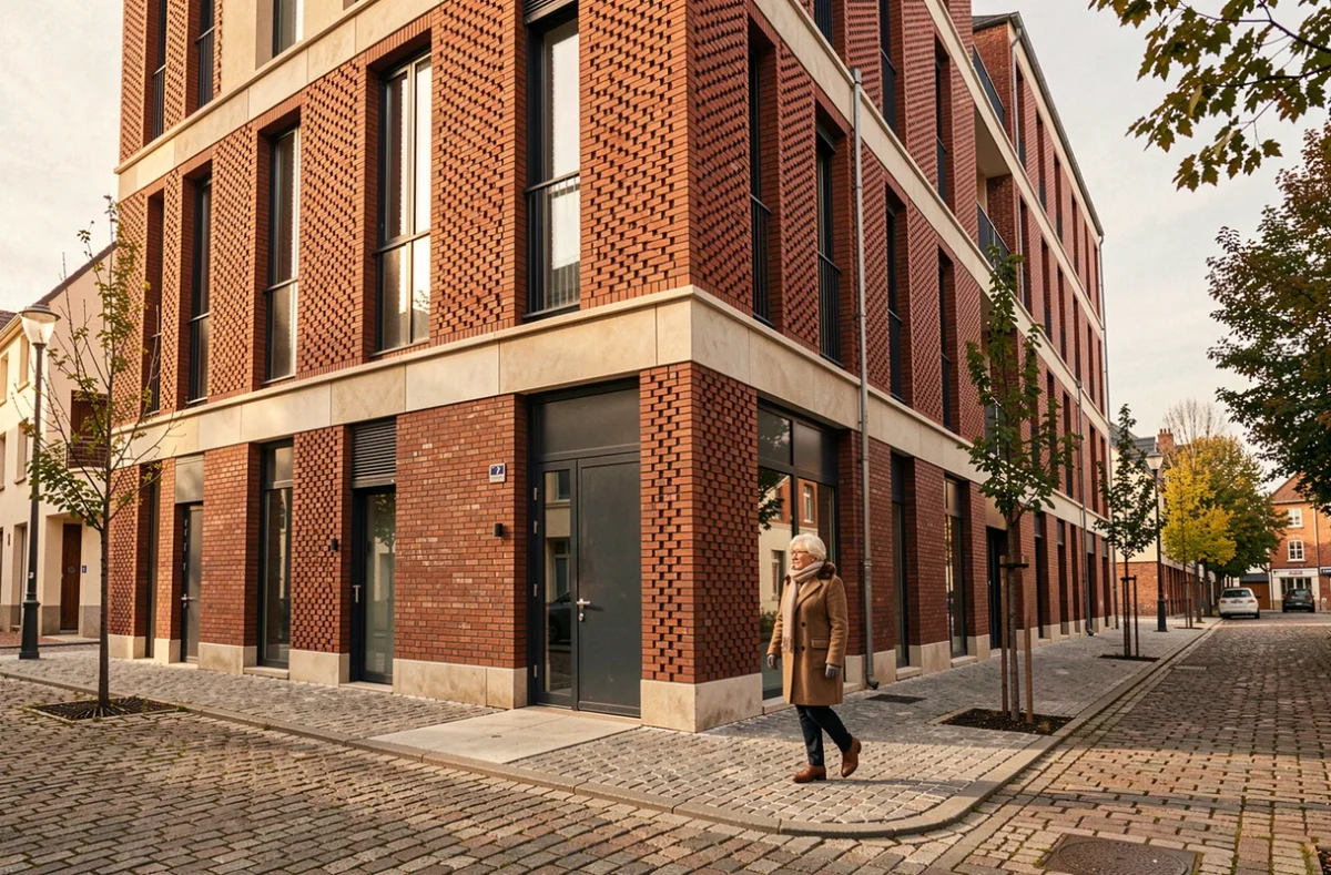 Résidence neuve à Roubaix avec façade en brique patterned inspirée du patrimoine textile, vue depuis la rue
