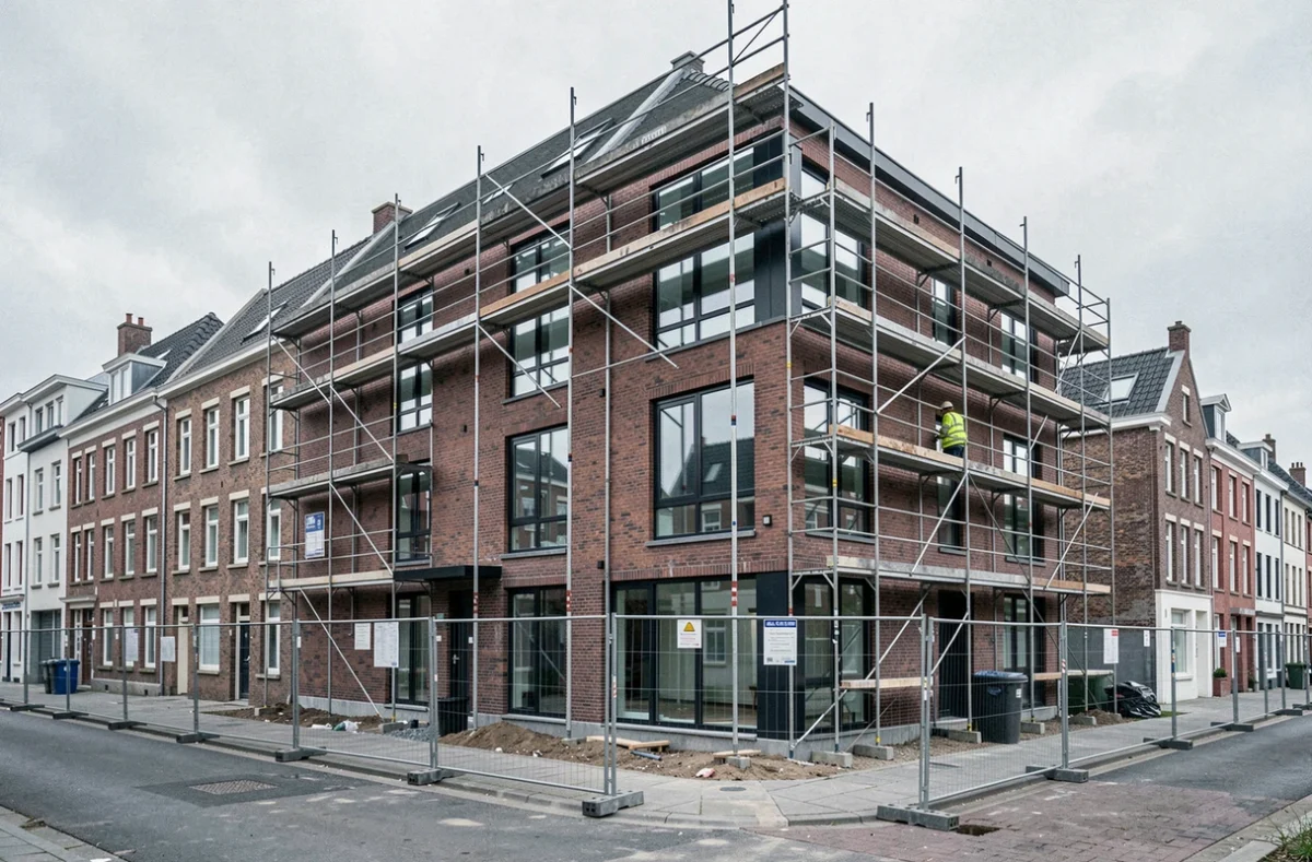 Chantier d'un programme immobilier neuf à Tourcoing avec façade en brique contemporaine et échafaudage