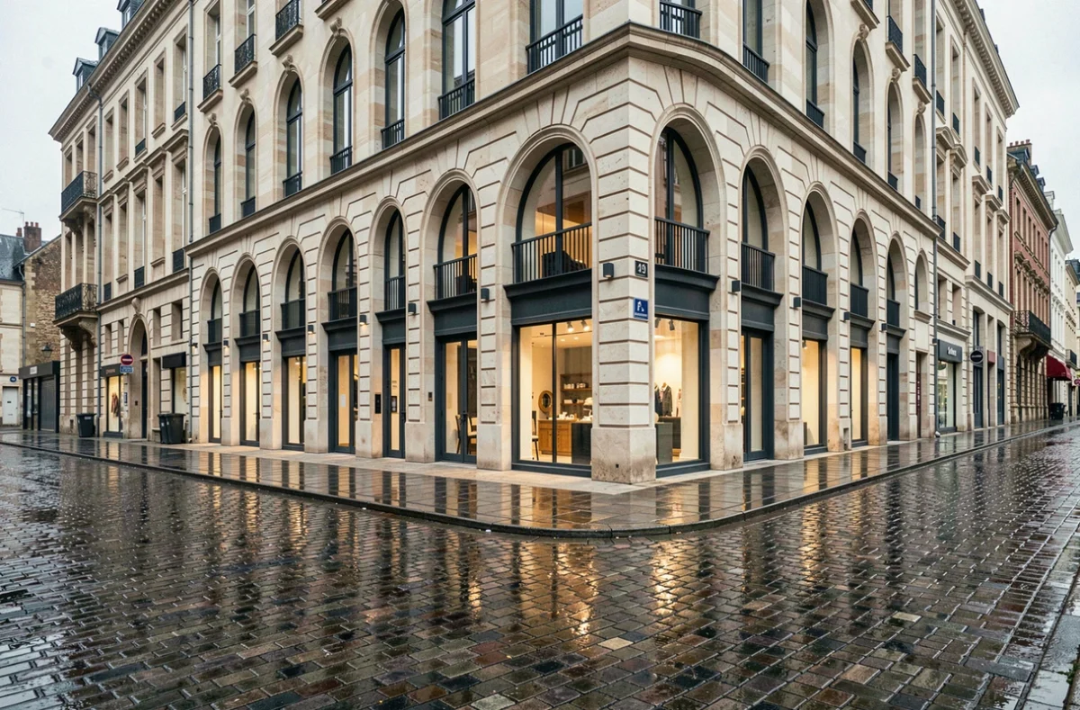 Programme immobilier neuf à Valenciennes, immeuble contemporain aux lignes classiques sur rue pavée mouillée en centre-ville
