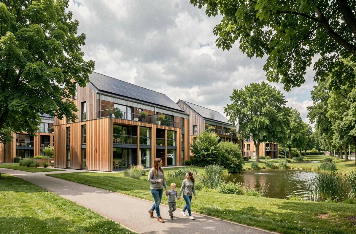 Programme immobilier neuf à Villeneuve-d'Ascq, résidence écologique dans un cadre verdoyant avec étang et famille en promenade