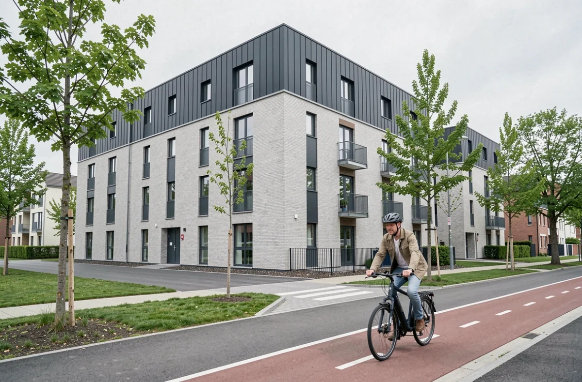 Programme immobilier neuf à Wasquehal, immeuble moderne en brique grise et métal anthracite avec piste cyclable en premier plan