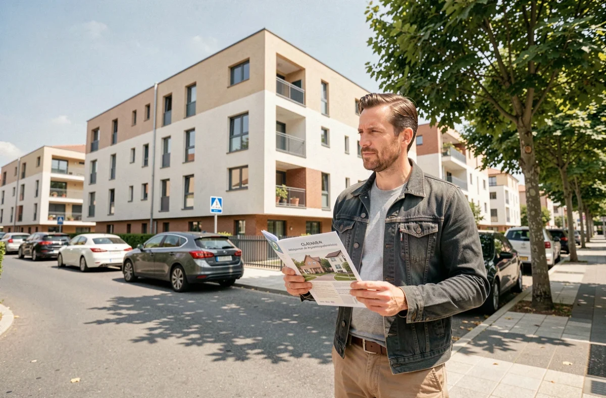 Homme avec des revenus modestes devant un programme immobilier PSLA en construction à Toulouse
