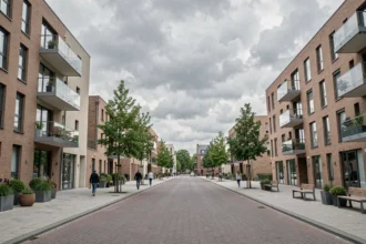Vue d'ensemble d'un quartier résidentiel neuf dans le Nord de la France avec immeubles modernes et façades en brique