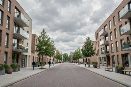 Vue d'ensemble d'un quartier résidentiel neuf dans le Nord de la France avec immeubles modernes et façades en brique