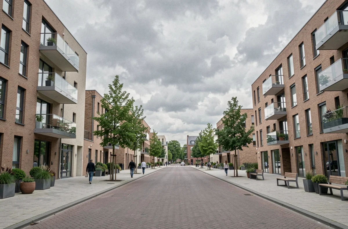 Vue d'ensemble d'un quartier résidentiel neuf dans le Nord de la France avec immeubles modernes et façades en brique