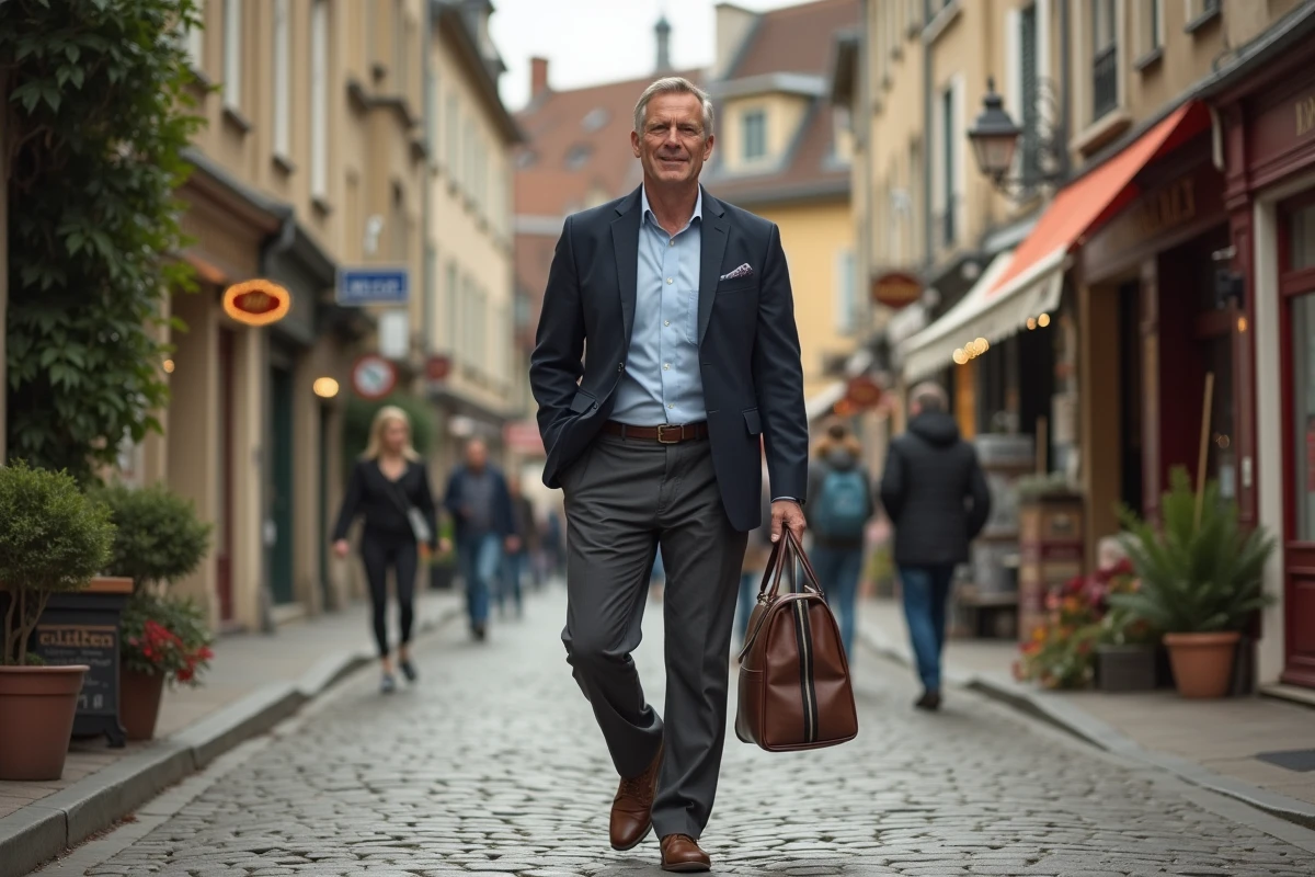 Homme marchant dans une rue pittoresque en Île-de-France