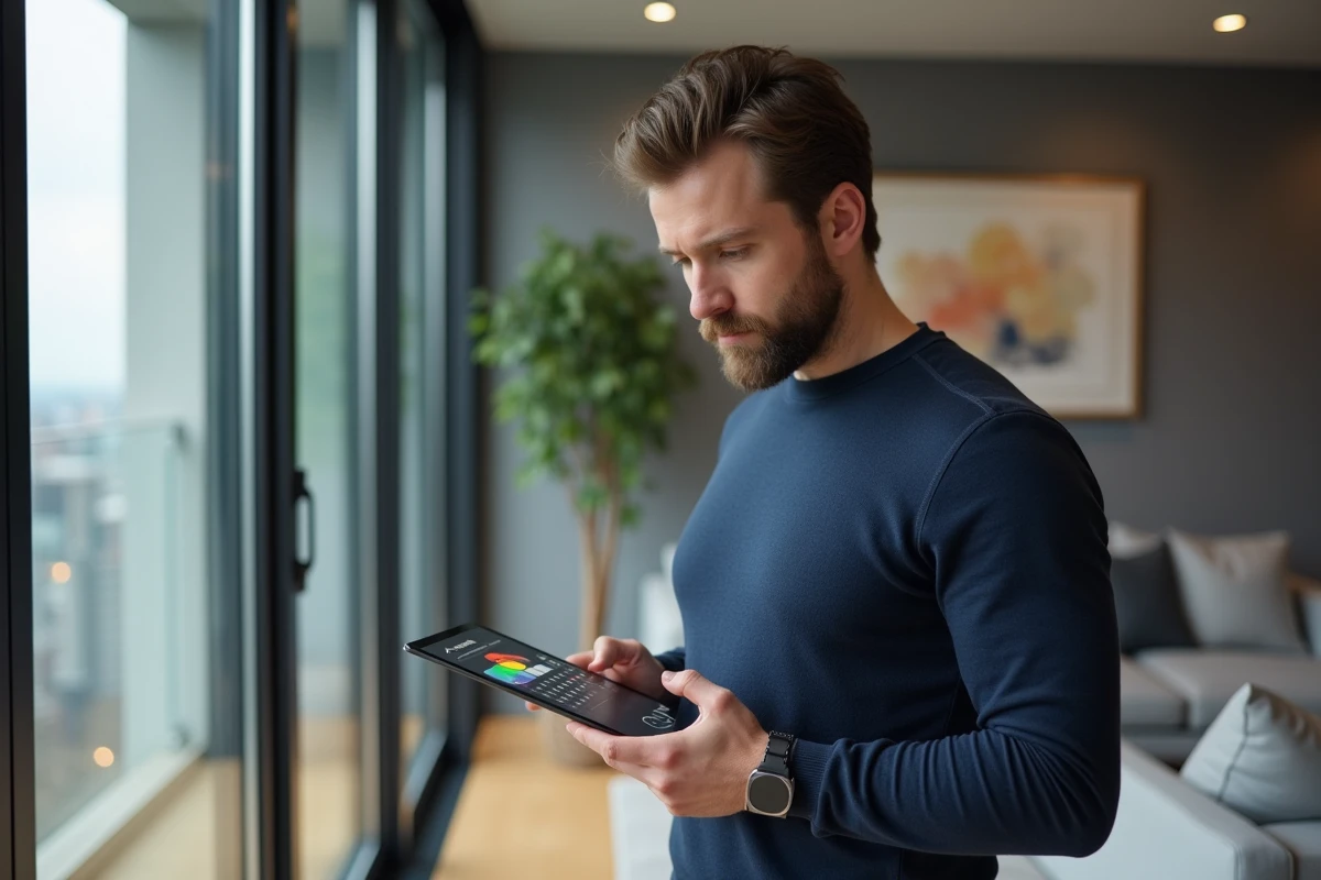 Propriétaire consultant un calendrier de disponibilités et de tarification sur une tablette dans un appartement moderne
