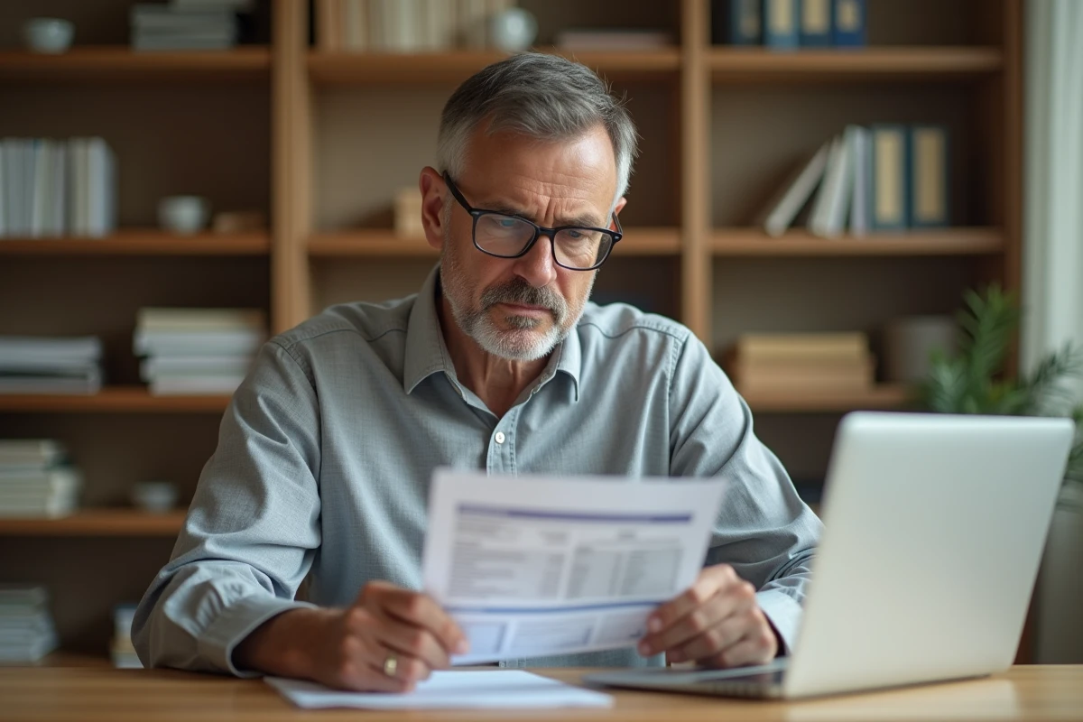Propriétaire comparant des offres d'assurance loyer impayé sur son bureau à domicile