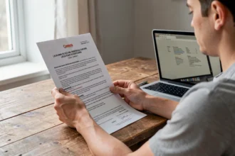 Propriétaire lisant son avis de taxe foncière devant un ordinateur