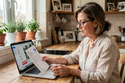 Propriétaire femme vérifiant les documents légaux pour louer une chambre chez soi à la maison