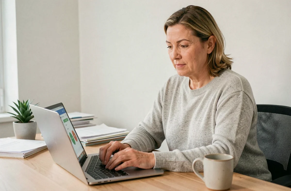 Femme propriétaire consultant son espace MyFoncia sur un ordinateur portable depuis son bureau à domicile