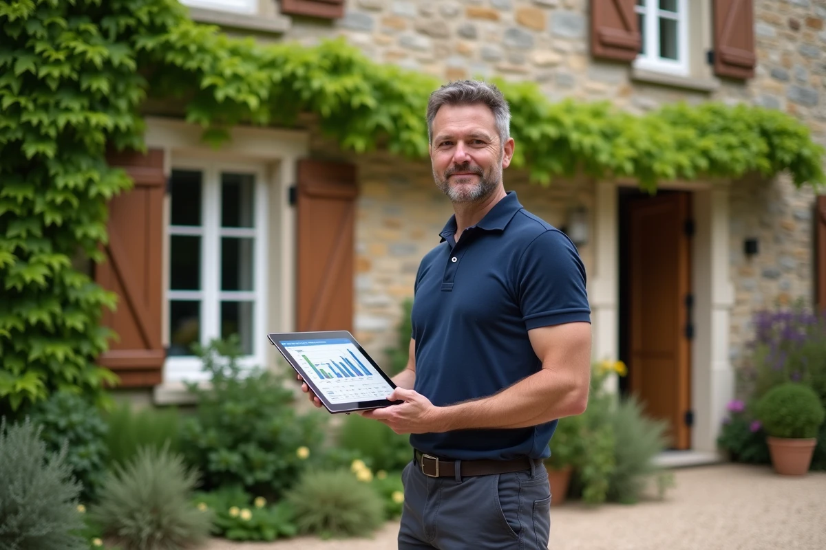Propriétaire consultant les tarifs saisonniers sur tablette devant une maison de location