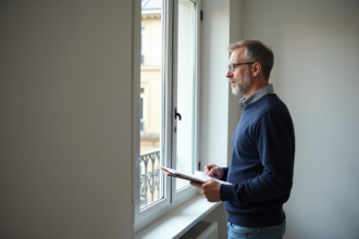 Proprietaire examinant une fenetre PVC neuve dans un appartement parisien