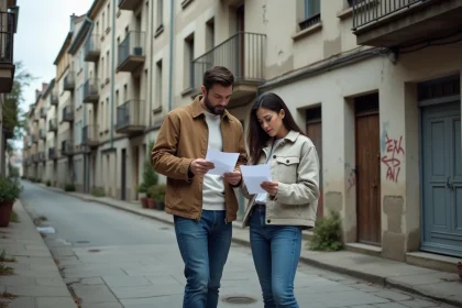 Couple consultant des documents immobiliers devant des immeubles vétustes dans un quartier dégradé d'Alès