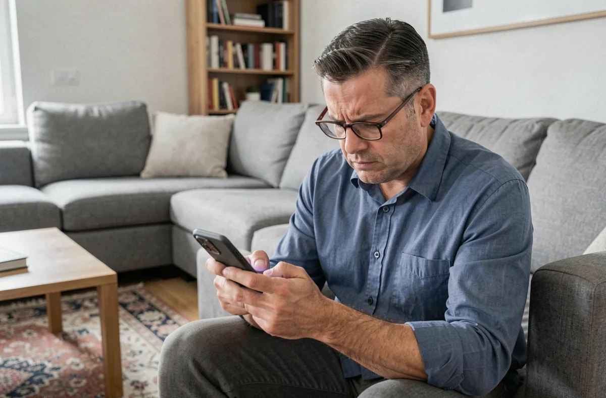 Homme recherchant une assurance habitation économique sur son smartphone dans son salon moderne