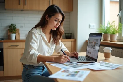 Femme recherchant une location maison plain-pied 2 chambres sur ordinateur portable avec annonces imprimées sur table de cuisine