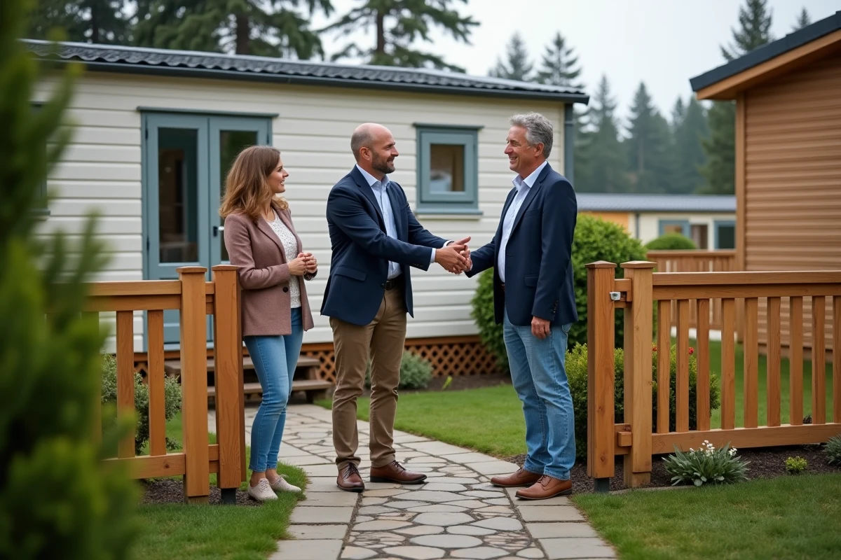 Agent immobilier remettant les clés d'une parcelle PRL à un couple acheteur lors d'une transaction en parc résidentiel de loisirs