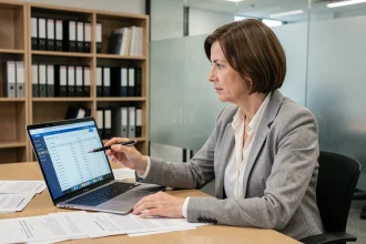Responsable d'association consultant le logiciel SYPLO logement sur un ordinateur dans un bureau associatif