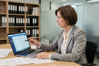 Responsable d'association consultant le logiciel SYPLO logement sur un ordinateur dans un bureau associatif