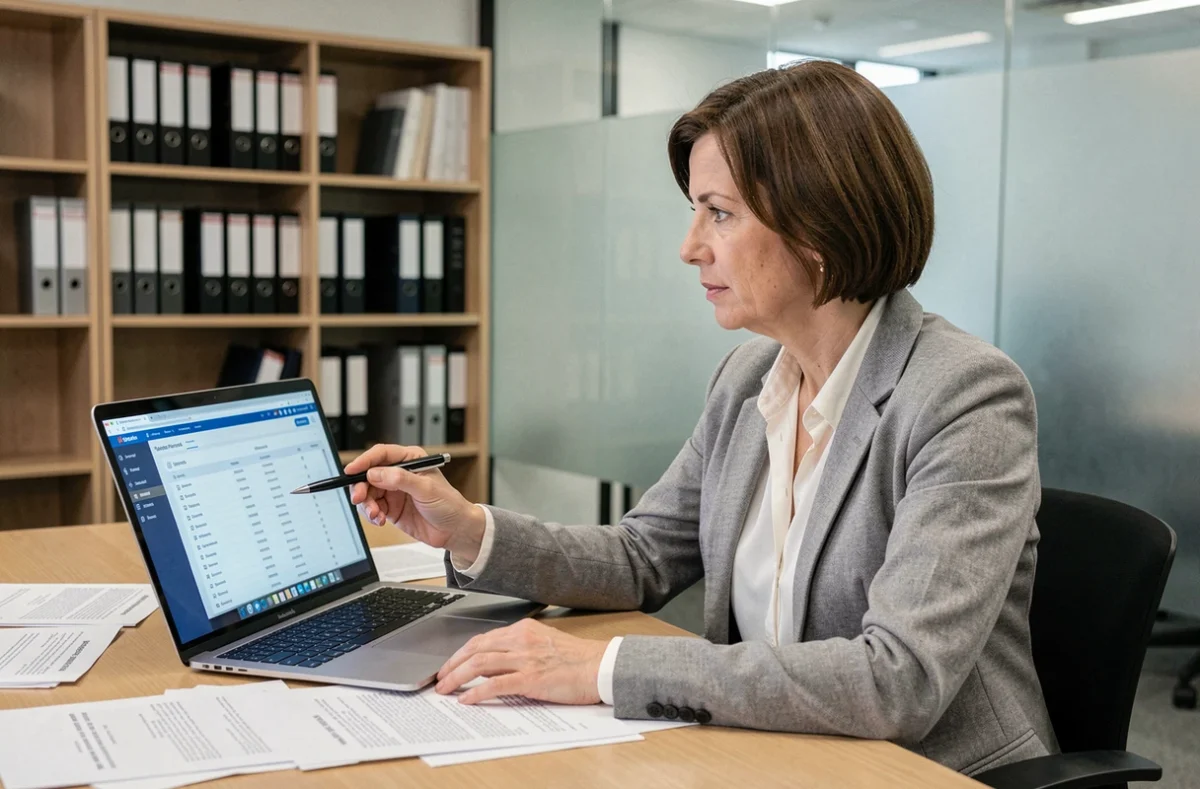 Responsable d'association consultant le logiciel SYPLO logement sur un ordinateur dans un bureau associatif