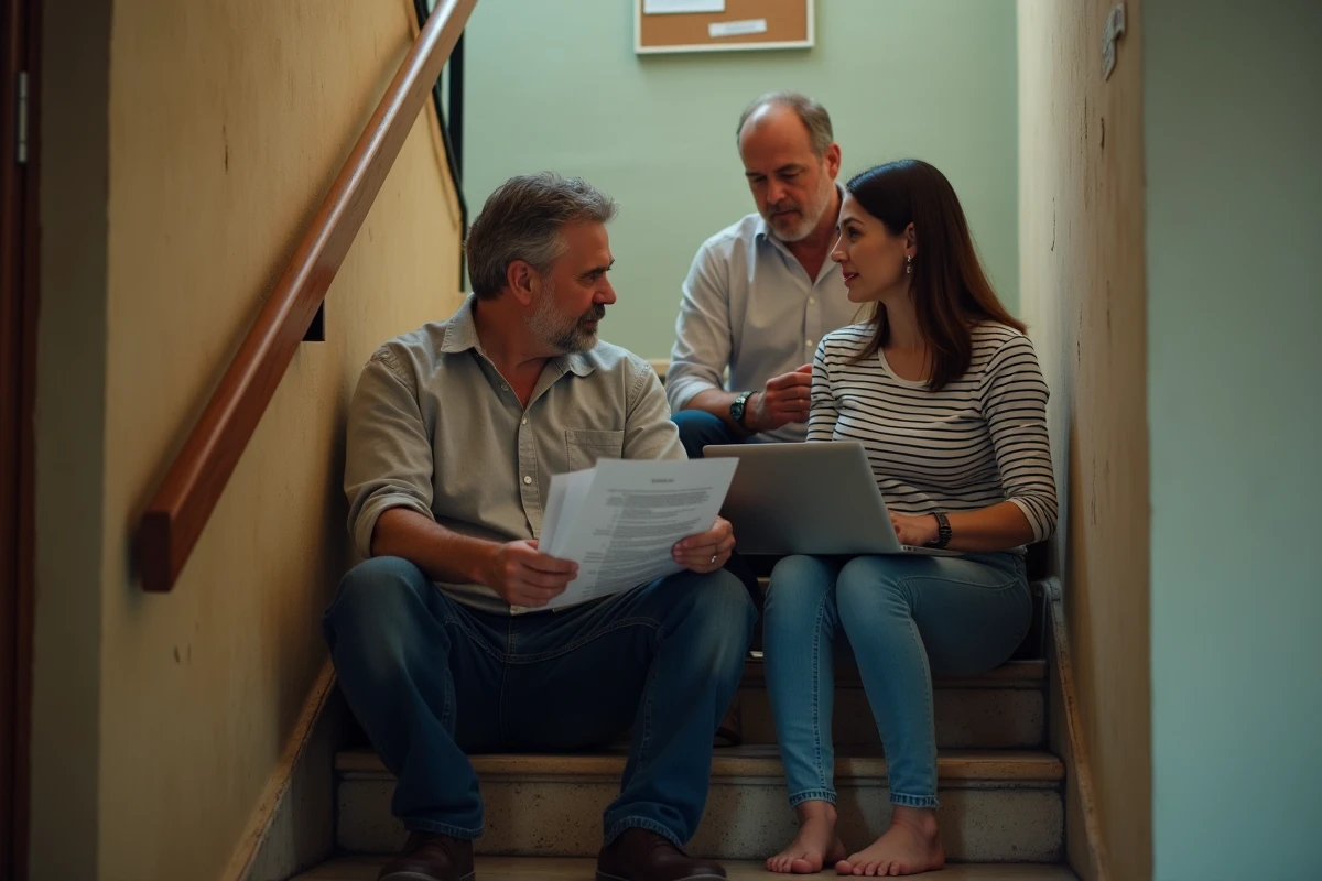 Réunion informelle de copropriétaires dans la cage d'escalier d'un petit immeuble géré sans syndic professionnel