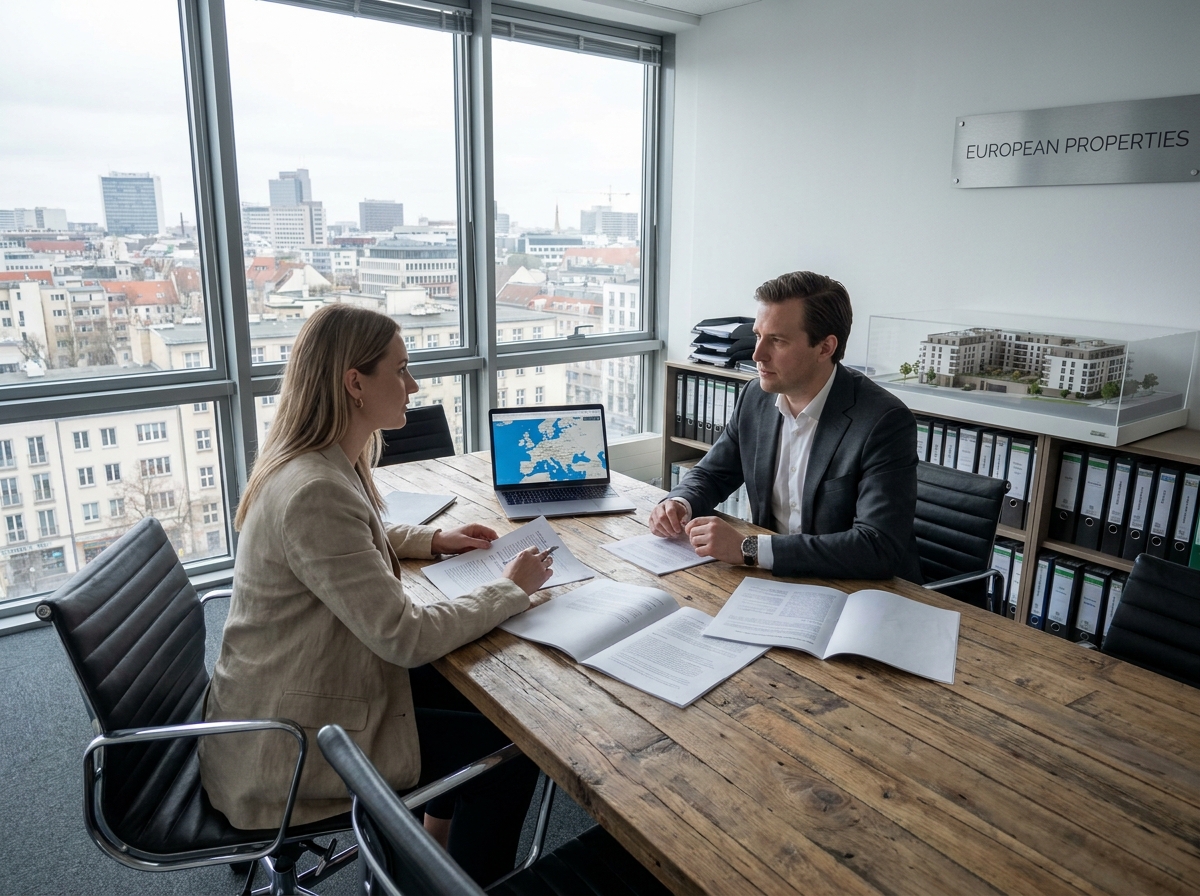 Deux spécialistes immobiliers en réunion dans un bureau moderne avec vue sur une ville européenne, analysant des documents et une carte des marchés locaux