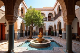Cour intérieure d'un riad traditionnel à vendre à Marrakech avec fontaine en zellige et arcades en stuc sculpté