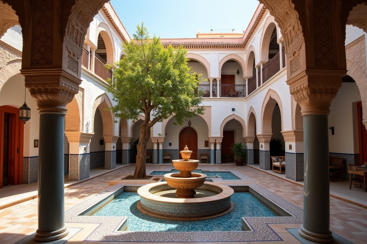 Cour intérieure d'un riad traditionnel à vendre à Marrakech avec fontaine en zellige et arcades en stuc sculpté