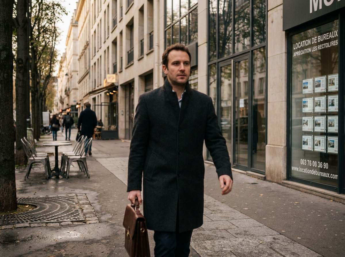 Homme d'affaires marchant dans une rue commerçante de la banlieue parisienne avec des immeubles de bureaux modernes et rénovés, évoquant le choix entre Clichy et Levallois pour des locaux professionnels