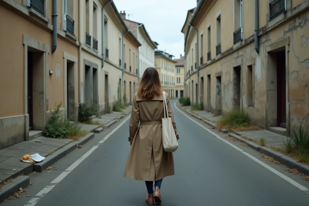 Femme se promenant seule dans une rue étroite et dégradée d'un quartier à éviter à Alès