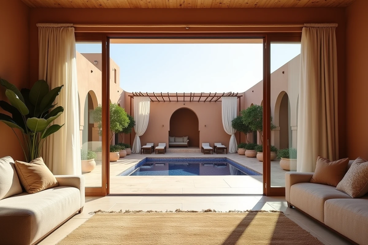 Salon d'un appartement de luxe à Marrakech ouvert sur une terrasse avec piscine privée à vendre
