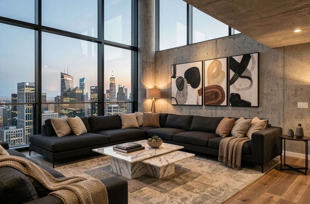 Salon de penthouse haut de gamme avec fenêtres panoramiques donnant sur la skyline urbaine au crépuscule, intérieur design épuré