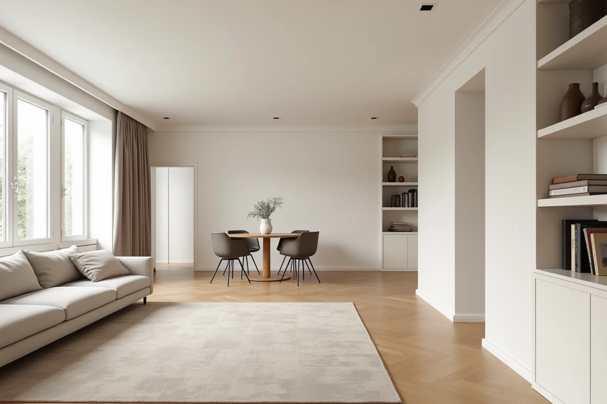 Séjour et salle à manger d'un appartement T4 avec vue sur le couloir menant aux chambres
