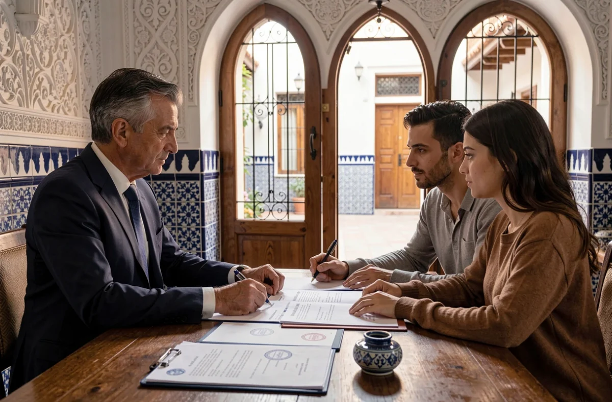 Notaire et acheteurs signant un acte de vente immobilier pour un appartement dans la médina de Marrakech
