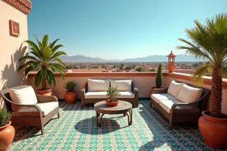 Terrasse d'un appartement à vendre à Marrakech avec vue panoramique sur les toits de la médina et l'Atlas