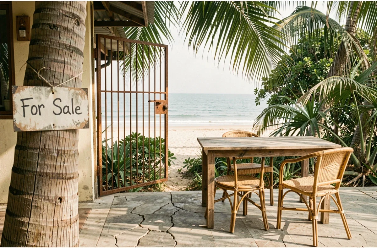 Terrasse vétuste d'une maison en vente pas cher en bord de mer en Thaïlande avec vue sur la plage