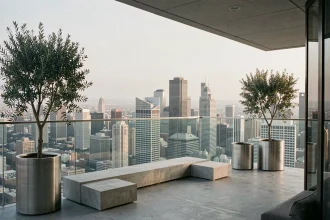 Terrasse de penthouse moderne avec vue panoramique sur la skyline urbaine, mobilier minimaliste en béton et garde-corps en verre