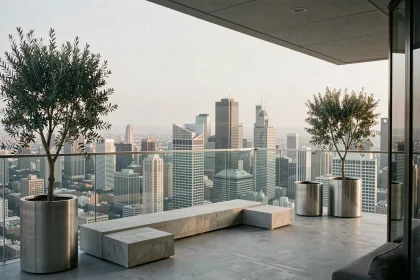Terrasse de penthouse moderne avec vue panoramique sur la skyline urbaine, mobilier minimaliste en béton et garde-corps en verre