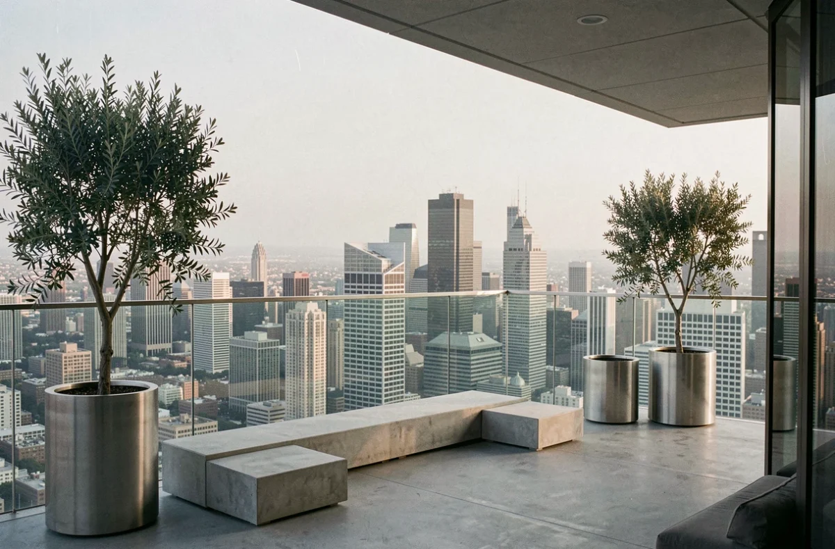 Terrasse de penthouse moderne avec vue panoramique sur la skyline urbaine, mobilier minimaliste en béton et garde-corps en verre