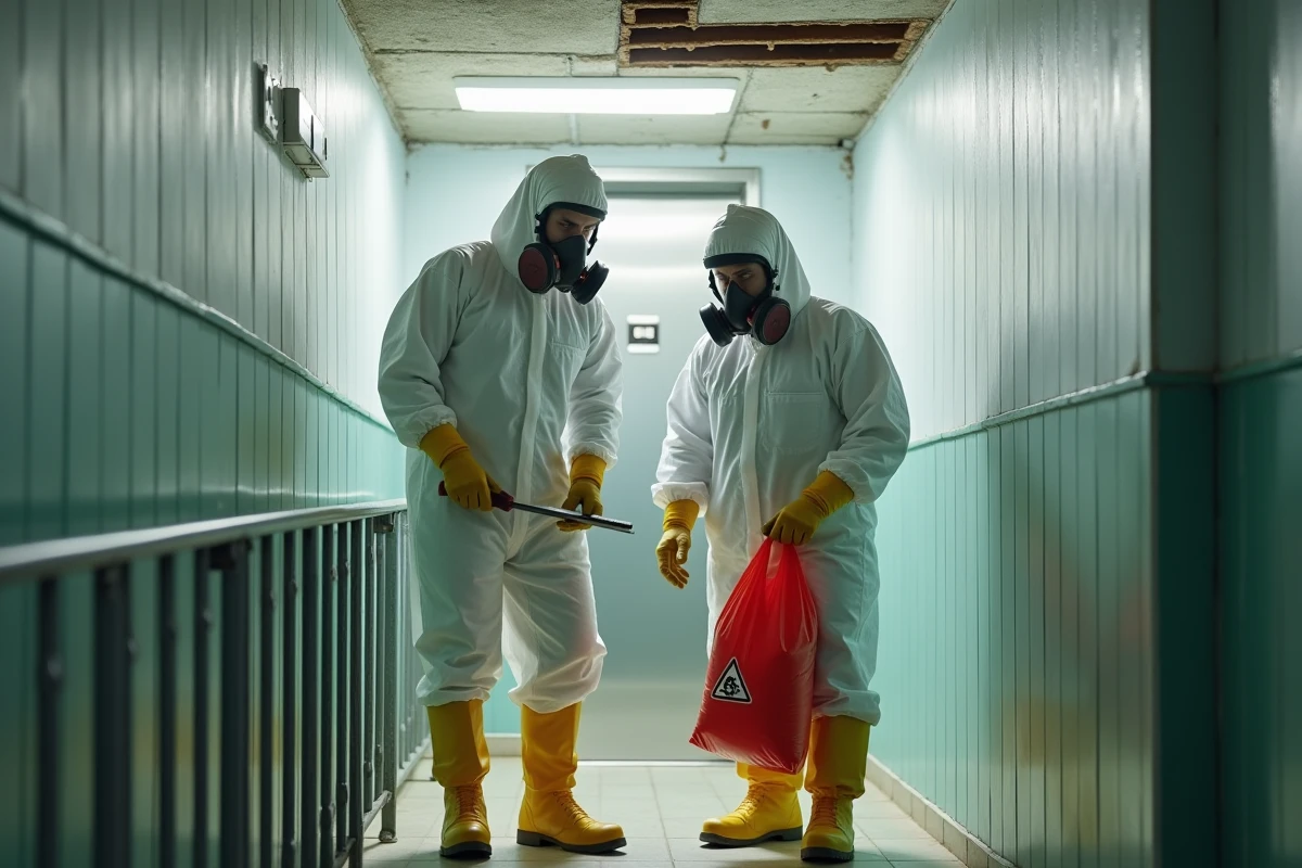Ouvriers en combinaison réalisant le retrait de plaques amiantées dans la cage d'escalier d'un immeuble en copropriété