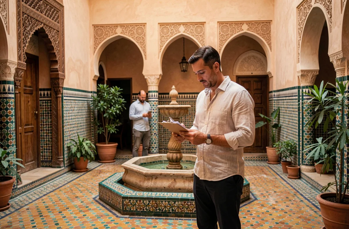 Agent immobilier présentant un appartement de la médina de Marrakech dans un riad avec fontaine et zellige traditionnel