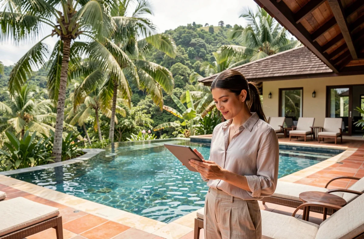 Gestionnaire de propriété consultant les données de rendement locatif d'une villa à Koh Samui entourée de palmiers tropicaux